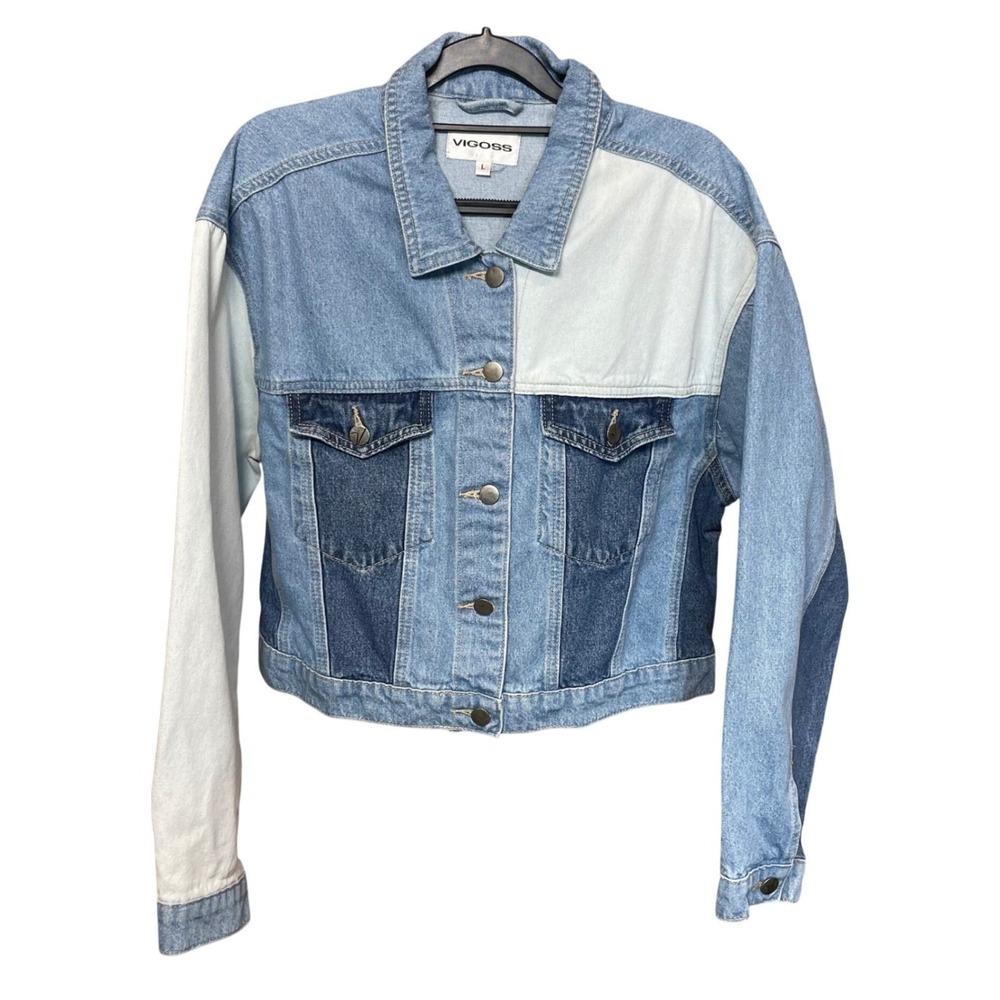 Vigoss Blue Patchwork Colorblock Denim Trucker Jacket Women Large